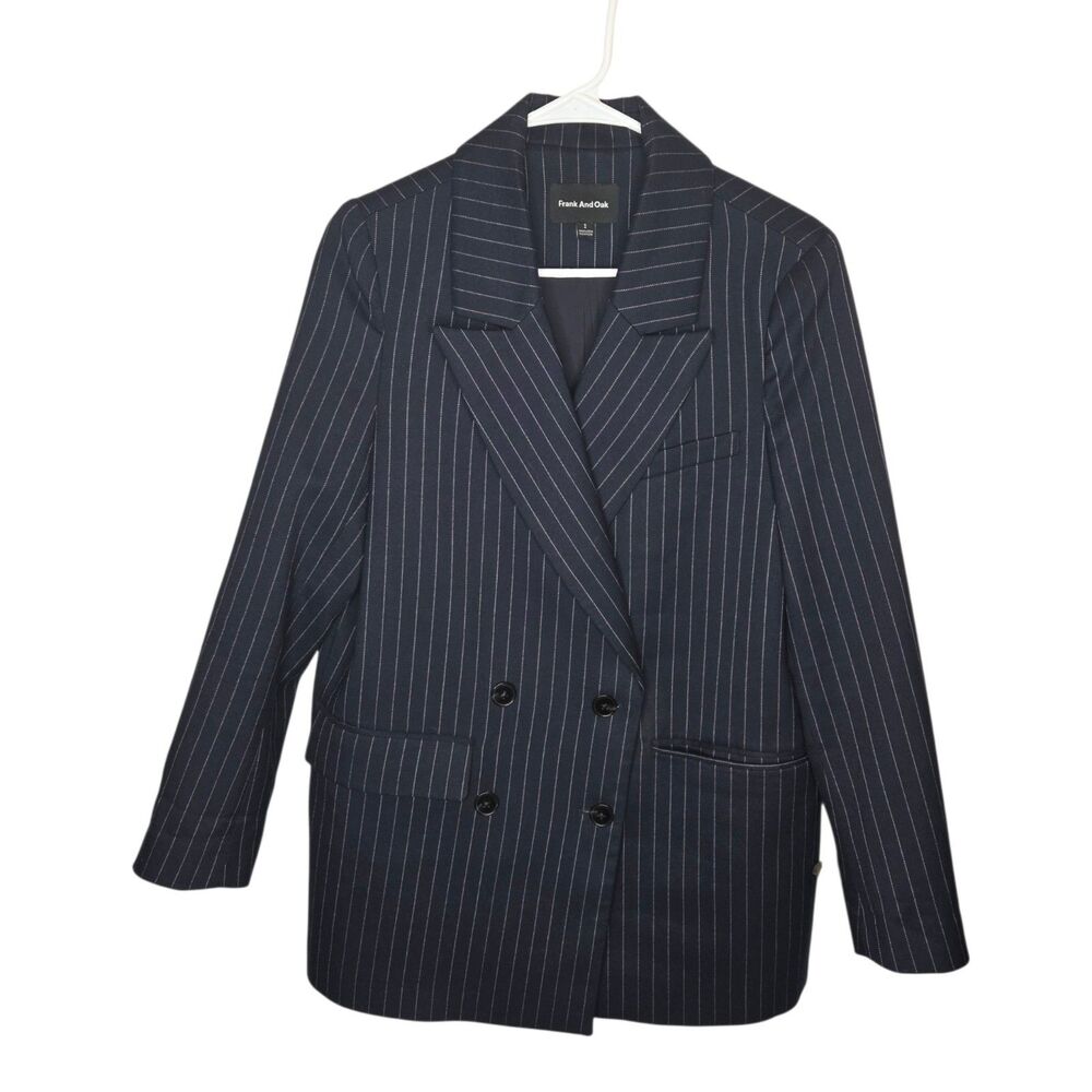 Frank And Oak Women's Small Pinstripe Double-Breasted Blazer Jacket, Navy Blue